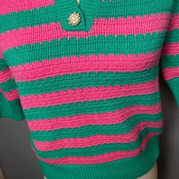 THML Green & Pink Pullover knit polo sweater preppy academia twee NWT XS - Picture 2 of 7